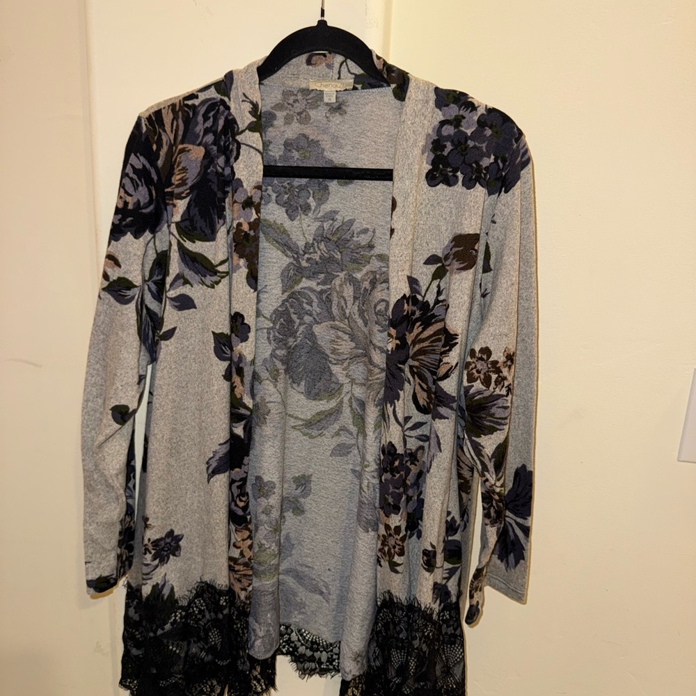 Chenault Gray Floral Cardigan with Black Lace